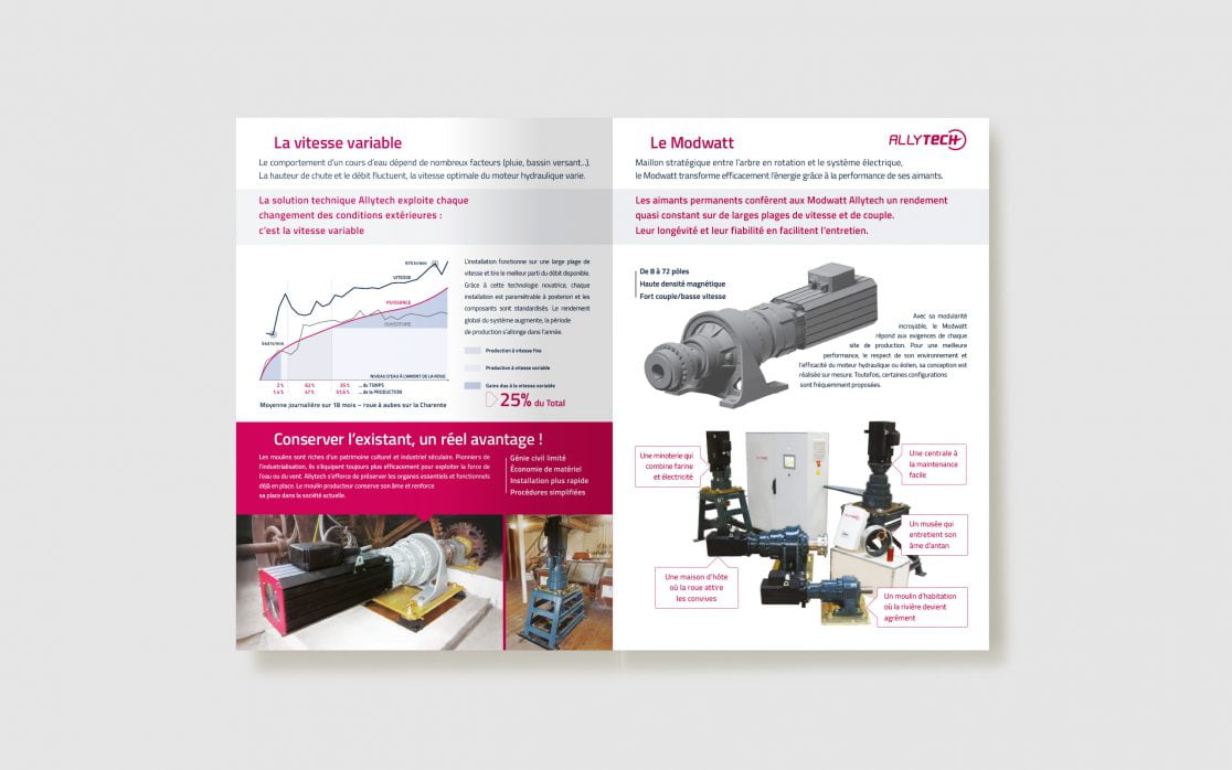 Allytech, brochure 8 pages (page 2 et 3) : entreprise Lyonnaise experte en énergies renouvelables, transition écologique, hydroélectricité, éolienne