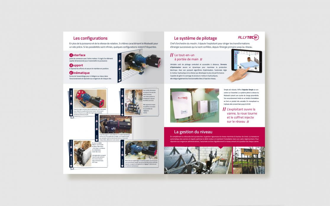 Allytech, brochure 8 pages (page 4 et 5) : entreprise Lyonnaise experte en énergies renouvelables, transition écologique, hydroélectricité, éolienne