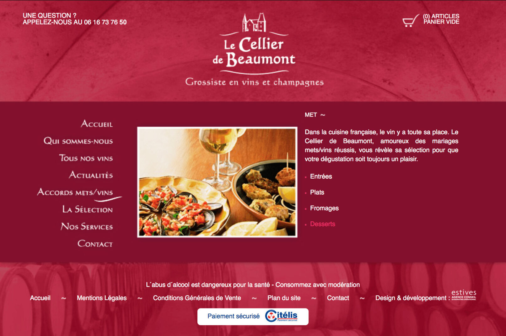Le Cellier de Beaumont, site web, page accords mets vins